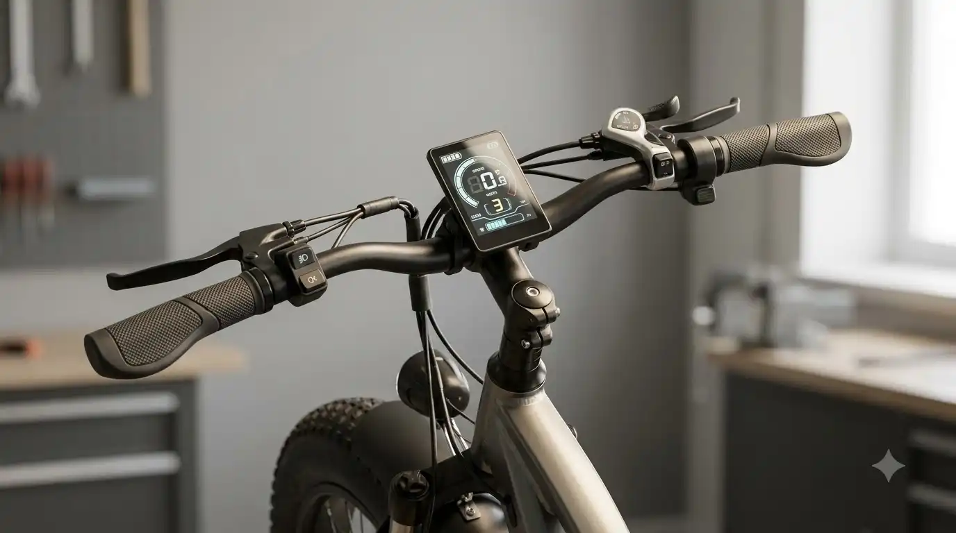 Close-up of the Freego DK200 e-bike handlebar showing the LCD display, brake levers and grips in a workshop