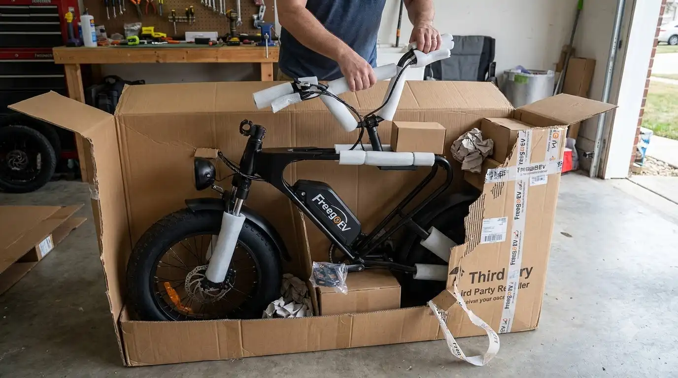 Man unboxing a Freego e-bike from an open cardboard shipping box in a garage, frame wrapped in white foam padding