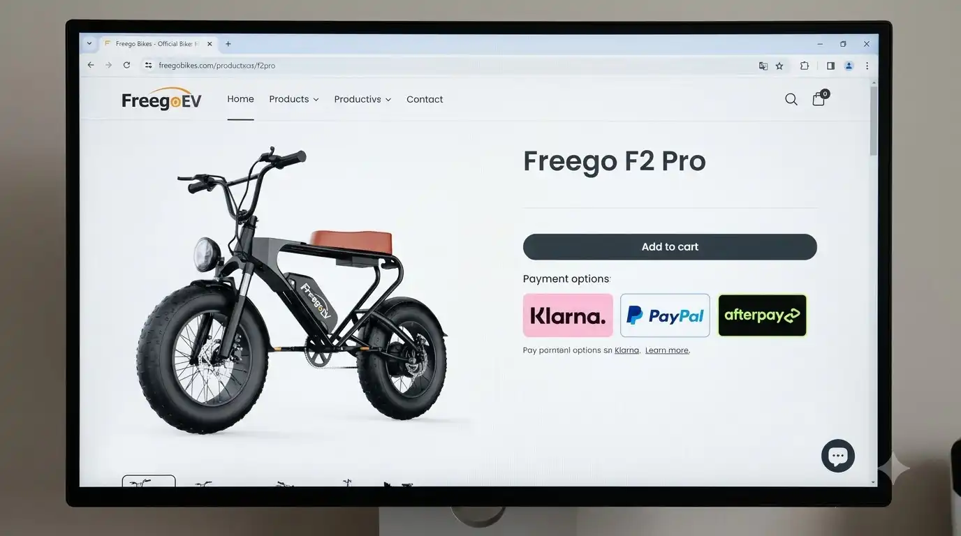 Screenshot of the Freego F2 Pro product page showing an Add to cart button and Klarna, PayPal and Afterpay payment options