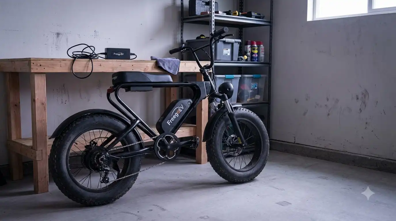 Black second hand Freego electric bikes often resemble this fat-tire model parked in a garage next to a workbench holding its charger
