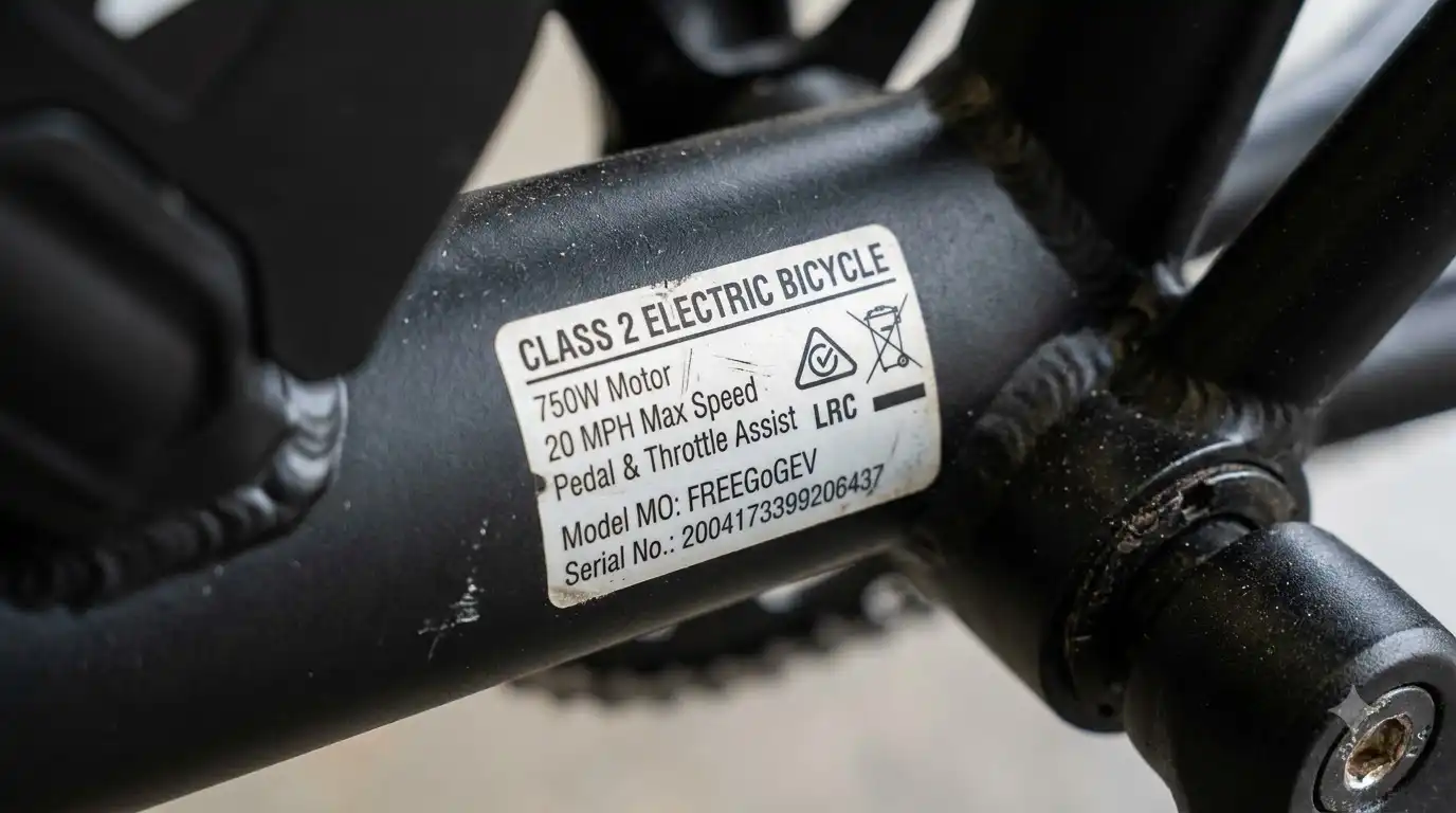 Are freego e bikes street legal - Close-up of the Class 2 electric bicycle label on a Freego M3 frame showing 750W motor and 20 MPH max speed
