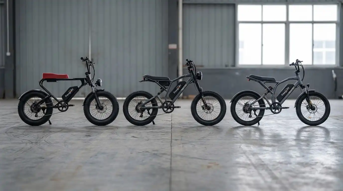 Freego electric bike review models: Side view of the Freego X0, X2 Pro and Nova 5 fat-tire electric bikes lined up in a row on a concrete warehouse floor