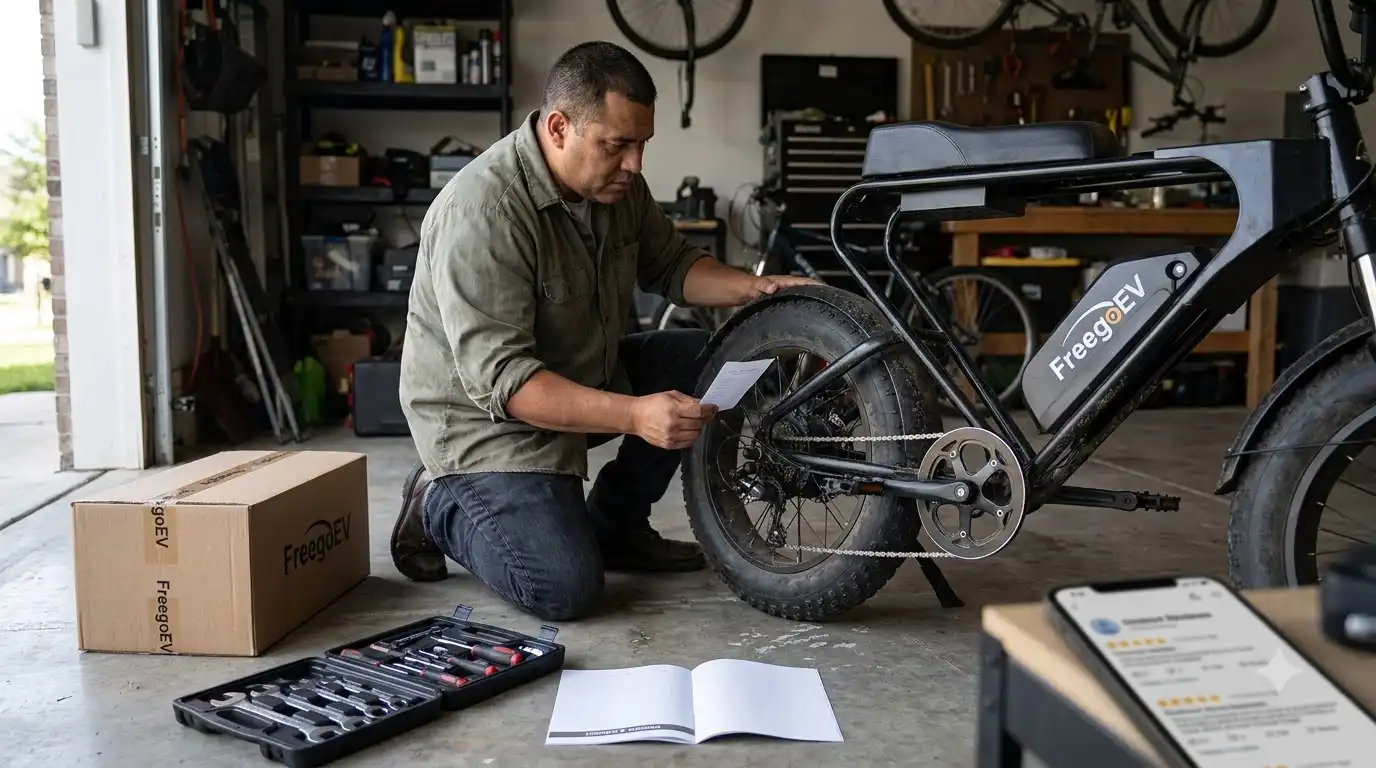 Man kneeling in a garage beside a Freego fat-tire electric bike, reading a manual with a toolkit and shipping box nearby