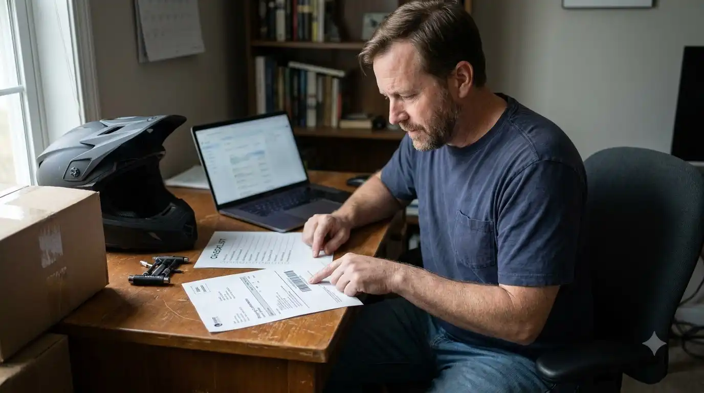 Man at a desk reviewing a checklist and shipping label beside a delivery box, helmet and laptop for Freego electric bike orders