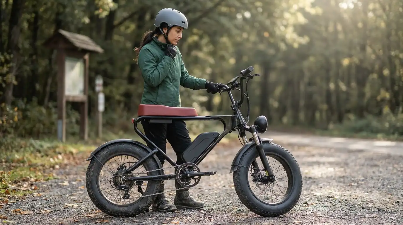 Rider in a green jacket and gray helmet beside a black Freego X2 Pro fat-tire e-bike with a brown seat on a forest trail