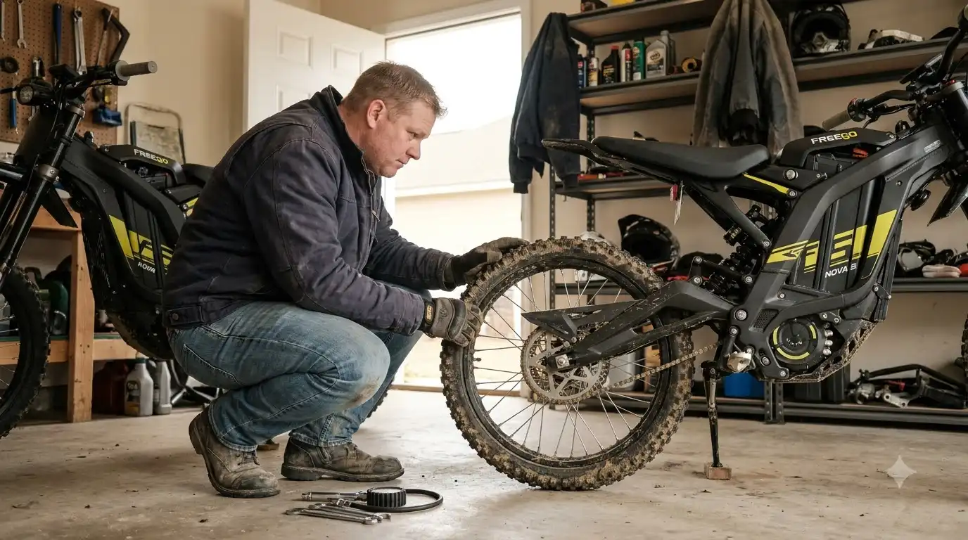 Man in a work jacket crouching in a garage to inspect the muddy rear tire of a Freego Nova 5 electric dirt bike