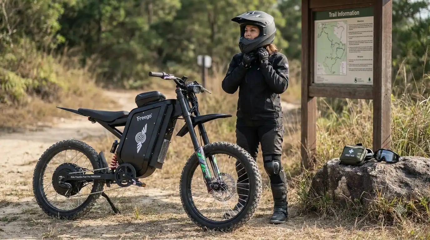 Rider in riding gear adjusting a helmet strap beside a black Freego X3 electric bike near a trail information board