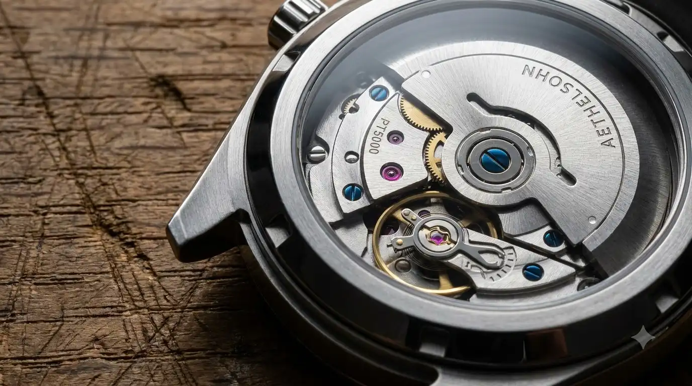 Blue Shard exhibition caseback showing the PT5000 automatic movement inside