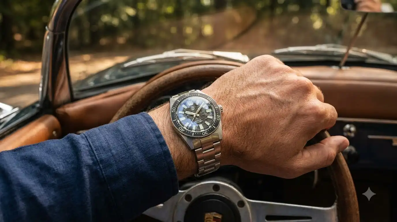 Aethelsohn Ocean Crest 37mm watch worn on a wrist to show size