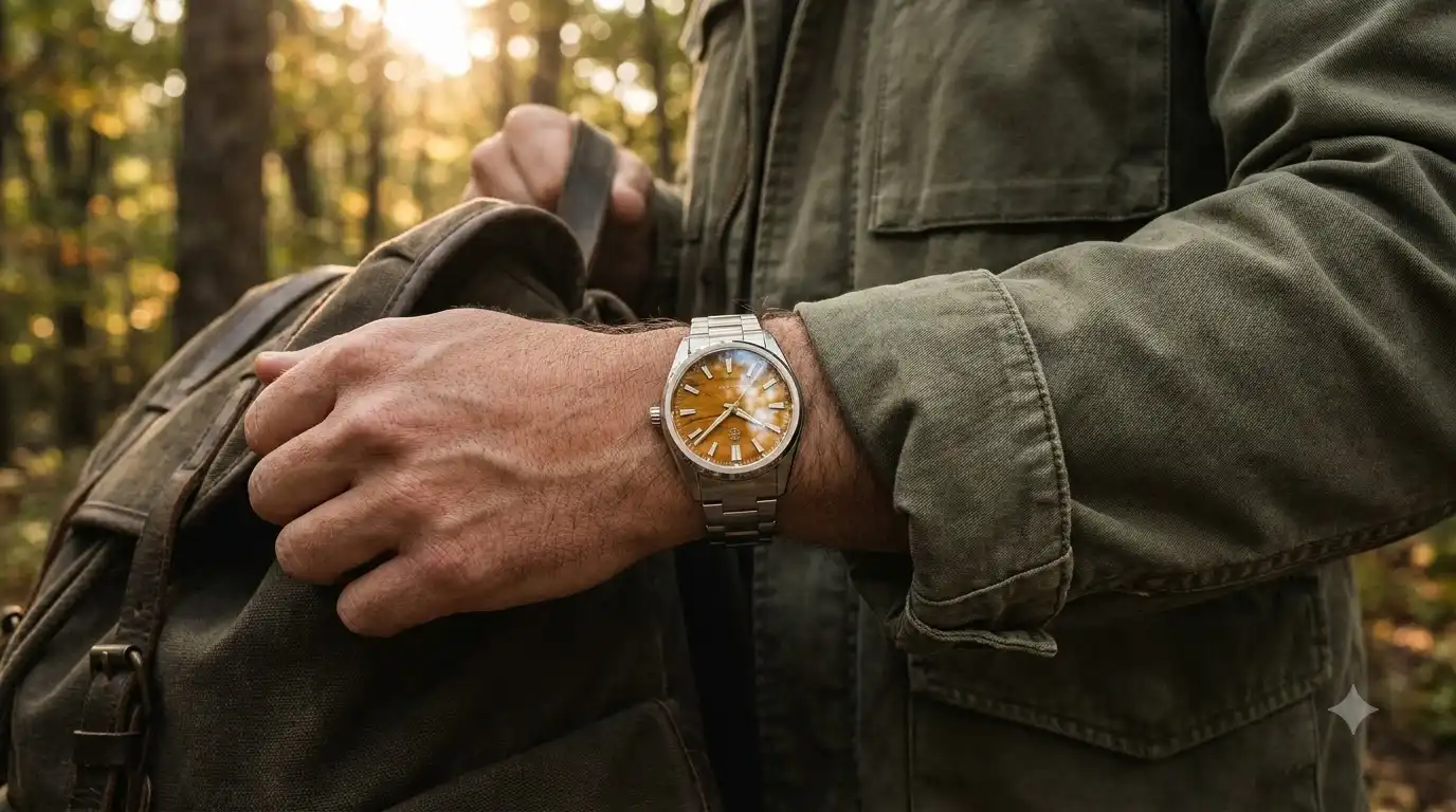 Aethelsohn Horizon Voyager Terra Tiger Iron 40mm automatic worn on a wrist to show lug-to-lug fit
