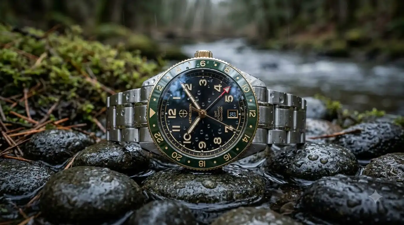 Official product page text showing the dial color and water resistance details