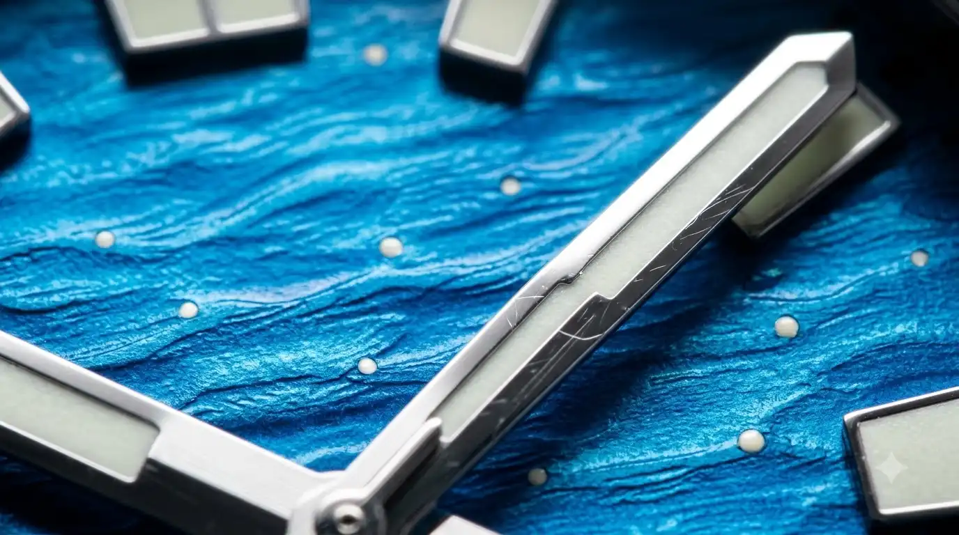 Close-up of the Terra Starstone blue goldstone dial with fine sparkling particles
