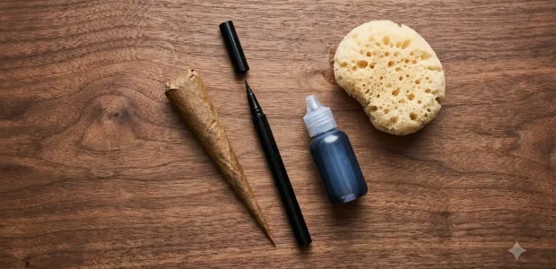 Flat lay of a brown cone, black pen, small blue bottle, and sponge on a wood table, tattoo ink alternatives