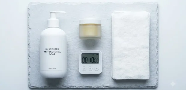 Flat lay of unscented antibacterial soap, a jar of cream, a digital timer and paper towels, a tattoo aftercare kit