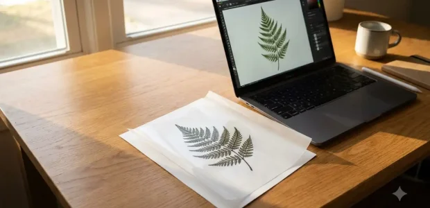 Printed fern temporary tattoo sheet with backing paper on a sunlit wooden desk beside a laptop running design software