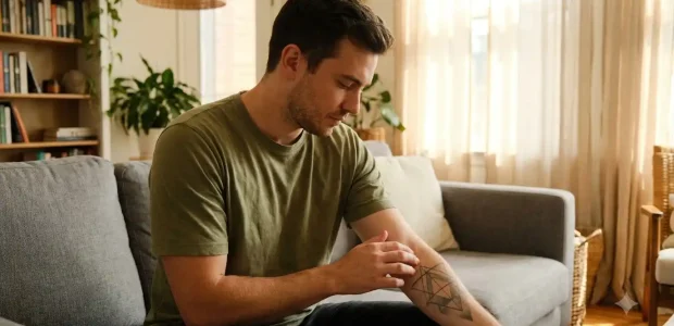 Man in an olive T-shirt sitting on a gray sofa, touching a geometric tattoo on his forearm in a sunlit living room