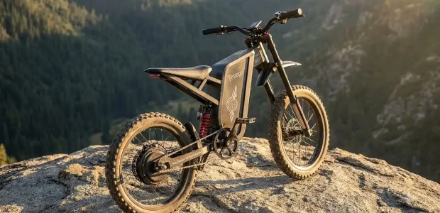Black Freego electric dirt bike with red rear shock parked on a rocky ledge above a forested valley in warm sunlight
