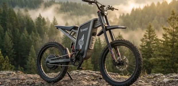 Black Freego X2 Pro Range electric bike parked on a rocky overlook above a misty pine forest in golden light