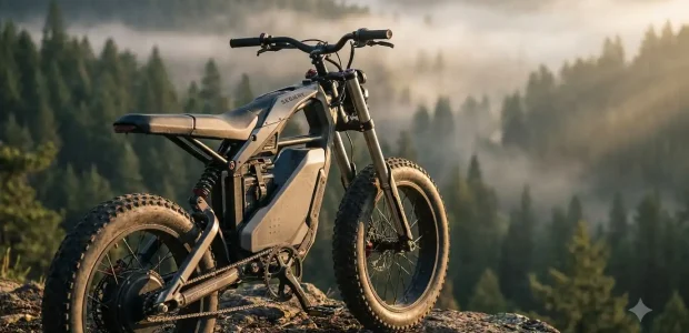 Segway Xyber electric dirt bike with fat tires parked on a rocky overlook above a misty pine forest at sunrise