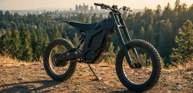 Black Freego Nova 5 Pro electric bike parked on a dirt overlook with pine forest and city skyline behind it