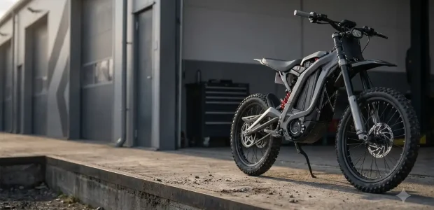 Dark gray Freego X2 Pro electric dirt bike with knobby tires parked on a concrete ledge outside a garage
