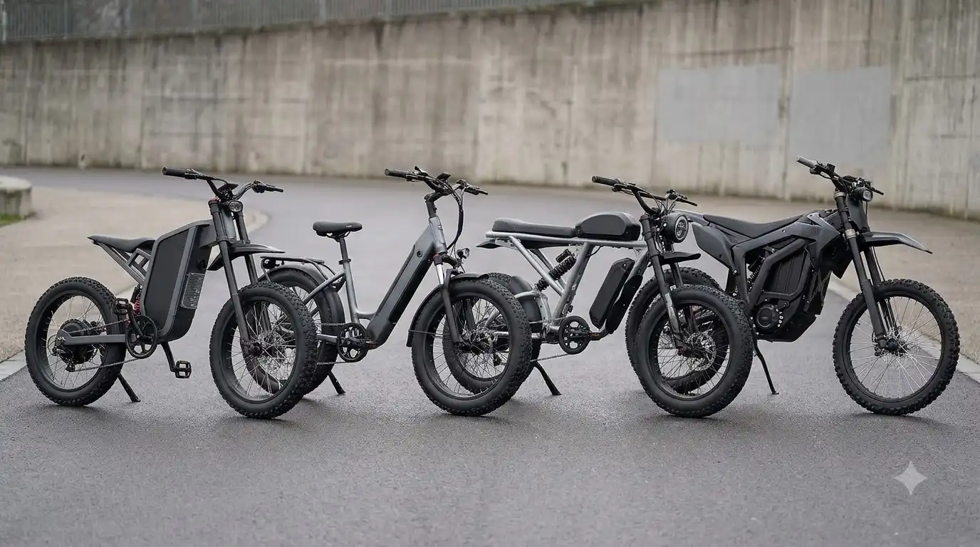 Four black and gray electric bikes parked on asphalt in front of a concrete wall for a Freego X2 Pro vs Sur Ron comparison