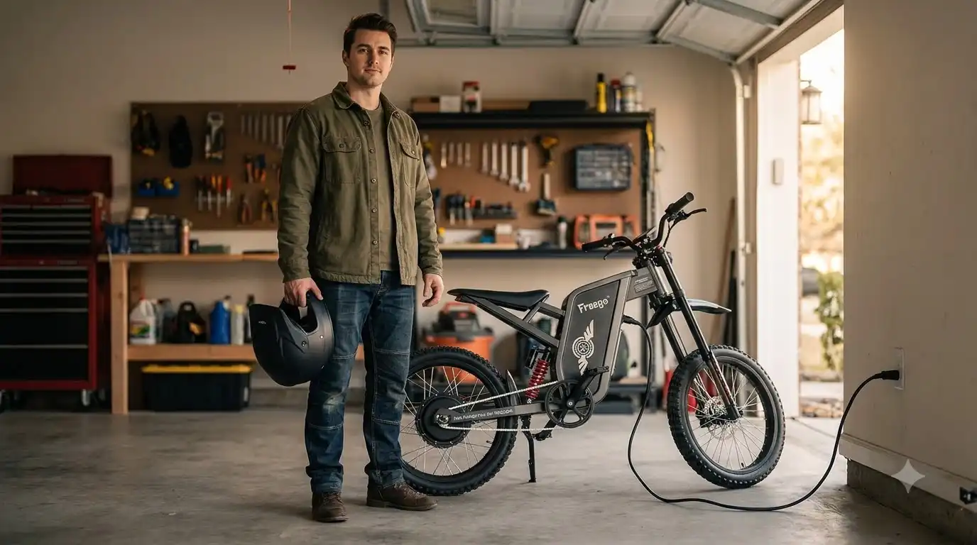 Man holding a helmet in a garage next to a Freego electric dirt bike plugged into a wall outlet