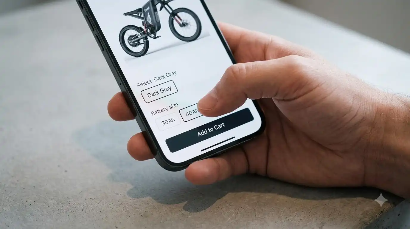 Hand holding a phone showing a Freego X2 Pro Range product page with Dark Gray, 30Ah and 40Ah options and Add to Cart