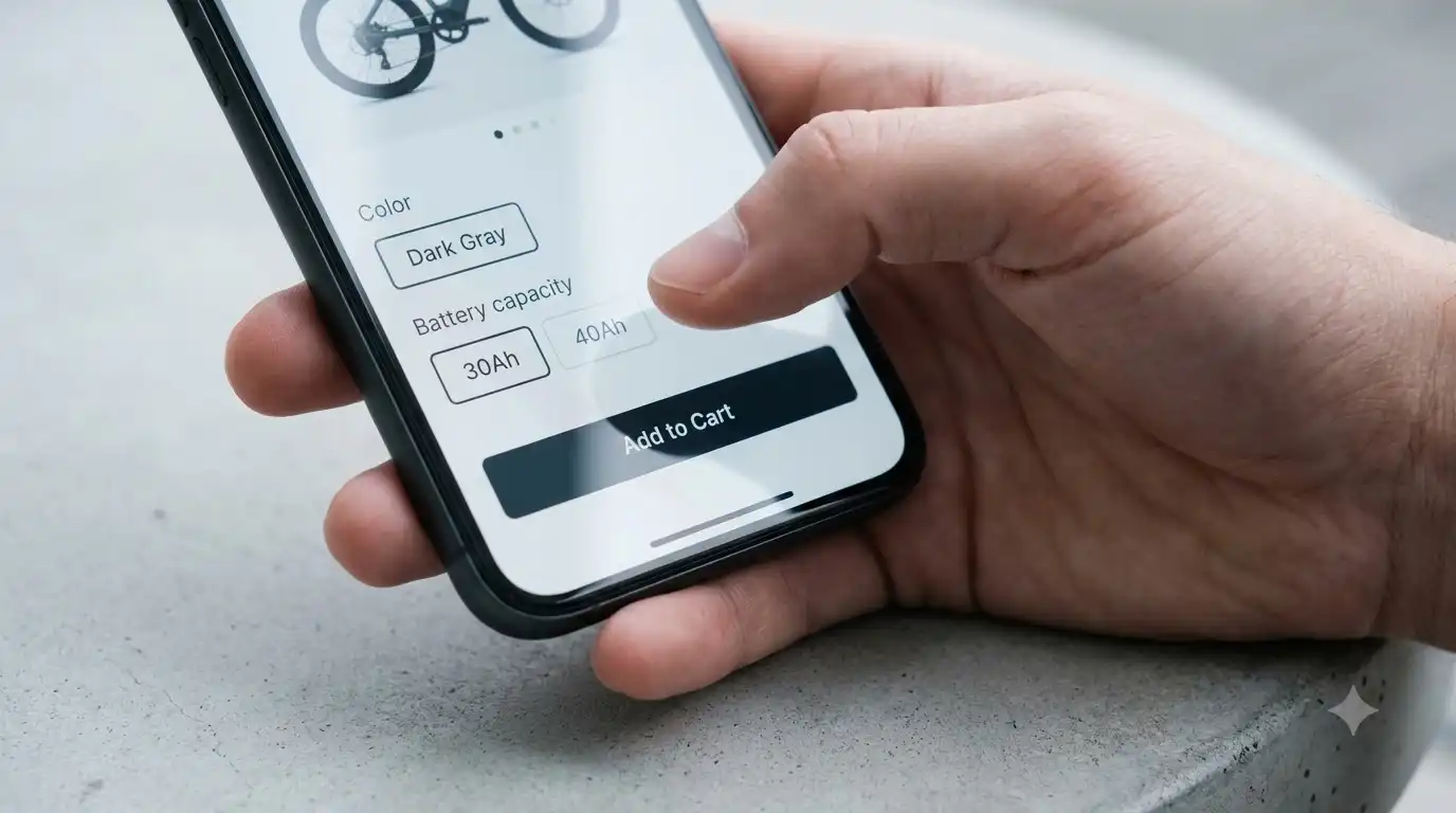 Hand holding a phone showing an e-bike product page with Dark Gray color, 30Ah and 40Ah battery options and Add to Cart