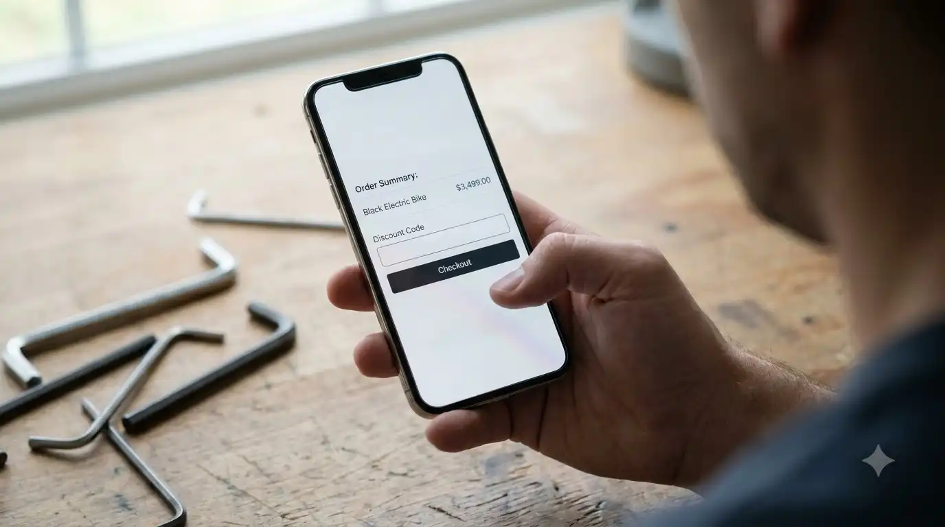 Phone checkout screen with a discount code field for a Black Electric Bike, illustrating a Freego Nova 5 Pro coupon