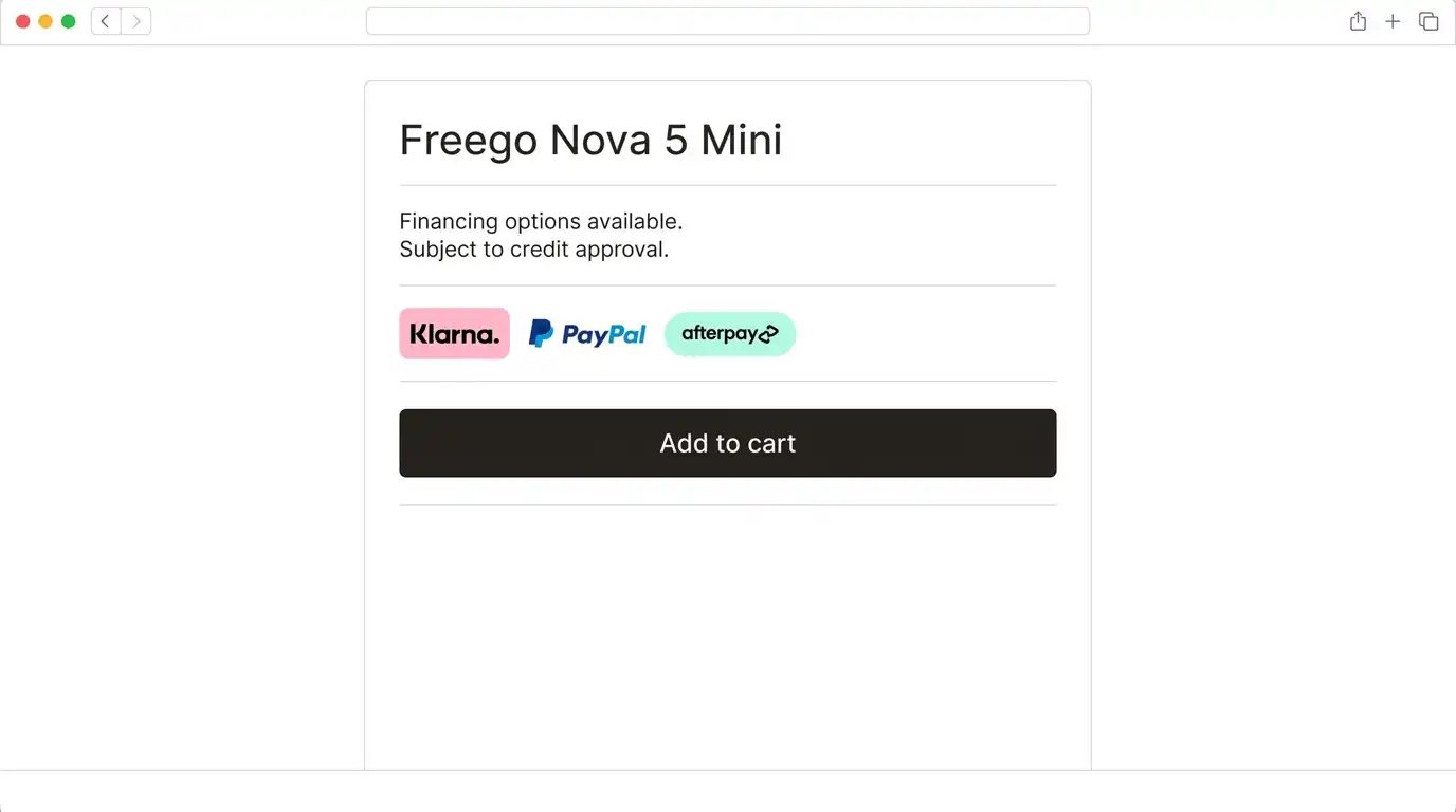 Screenshot of the Freego Nova 5 Mini page showing Klarna, PayPal and Afterpay financing logos and an Add to cart button