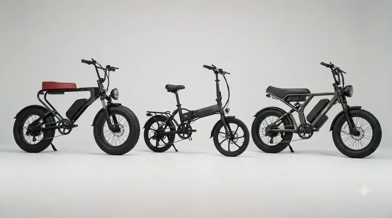 Three Freego e-bikes side by side: the M3, X1 SE and F2 Pro, in black and olive green on a plain studio background