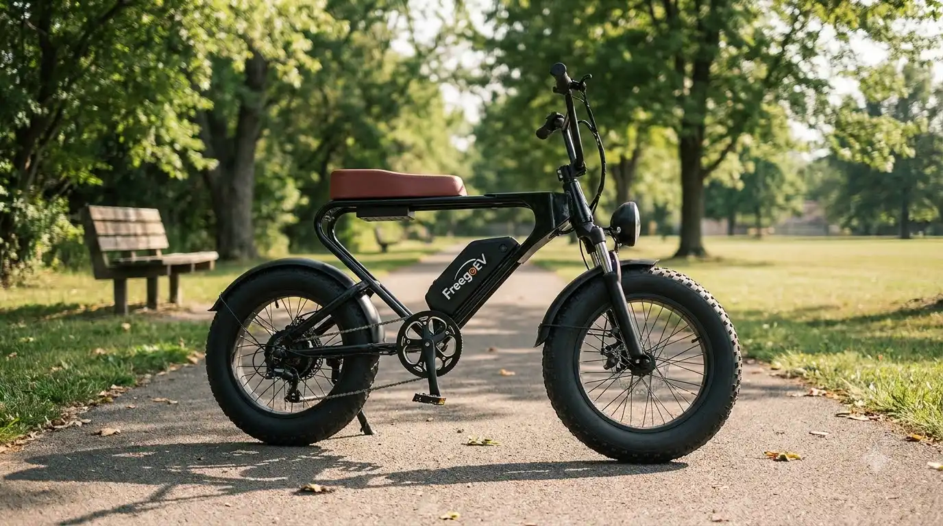 Black Freego Maxx M3 compact fat tire electric bike parked on a sunny park path with a bench and trees behind