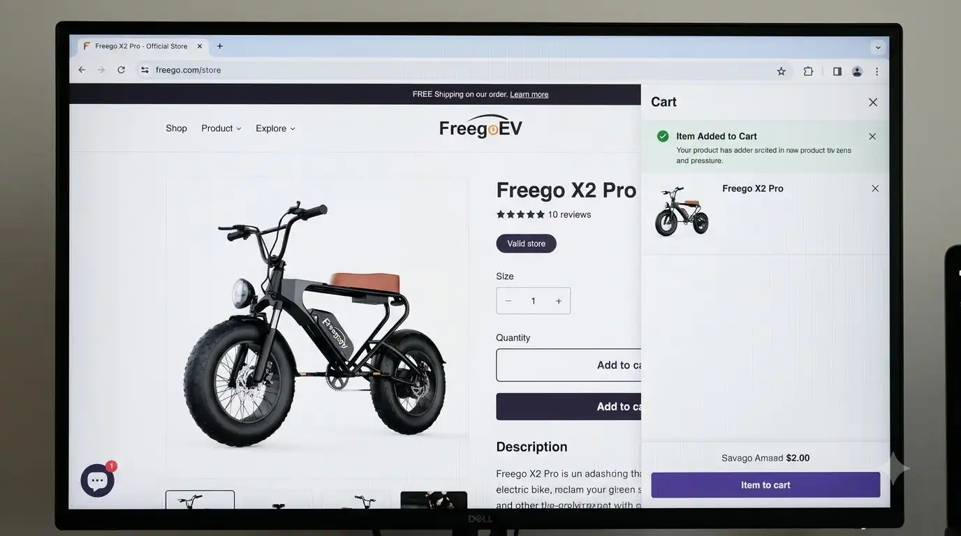 Screenshot of the Freego official store showing the Freego X2 Pro product page with the item added to the cart