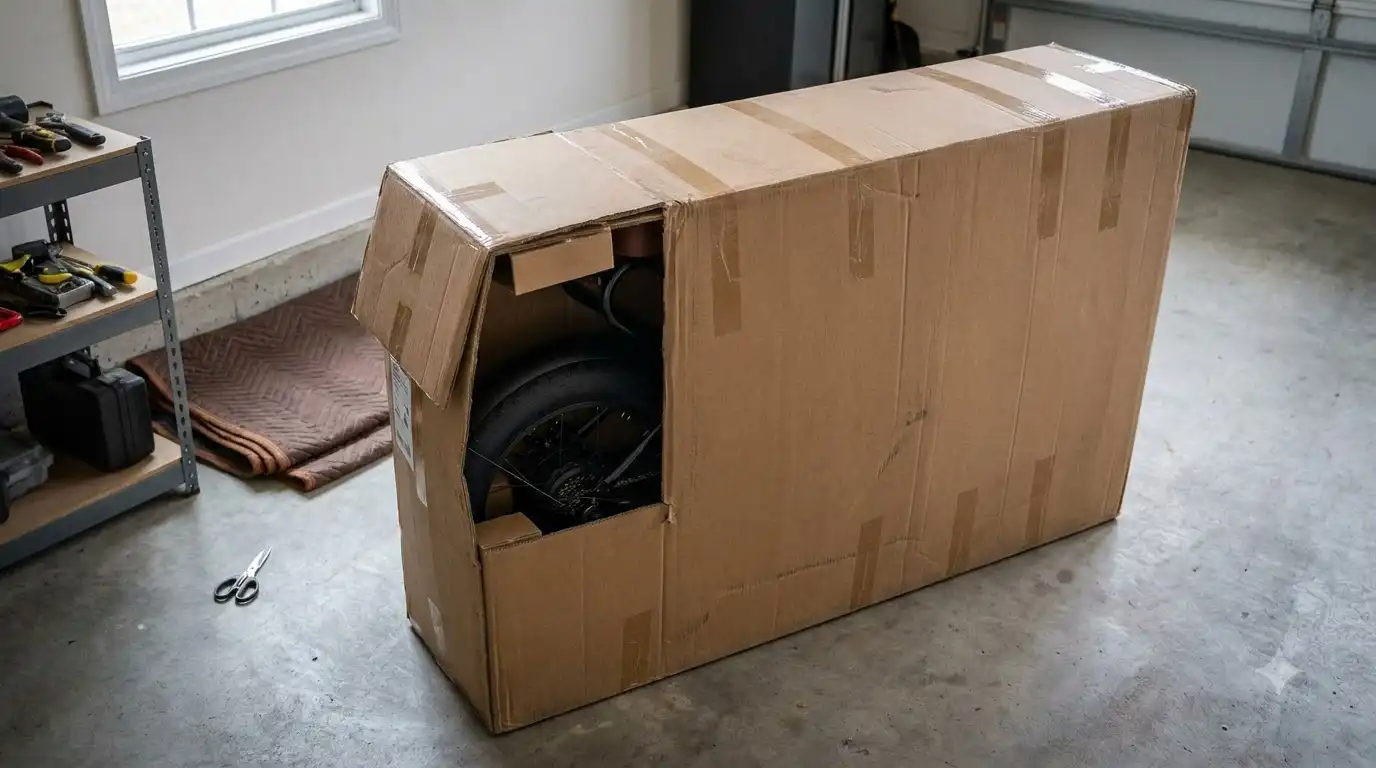 Freego M3 e-bike box with taped seams and one top flap opened to show a wheel, standing on a garage floor
