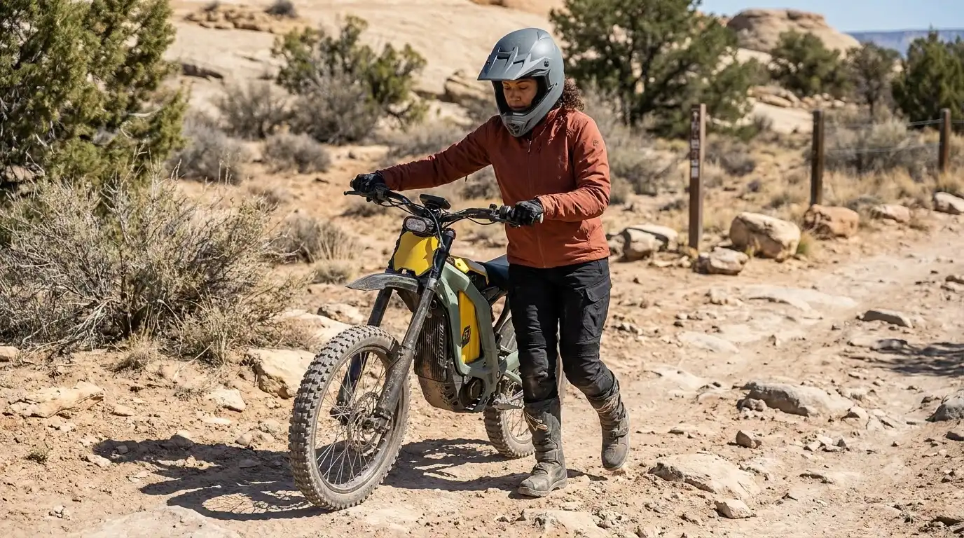 Rider in a gray helmet and rust-colored jacket walking a yellow-green Freego Nova 5 electric dirt bike on a desert trail