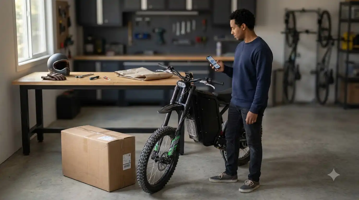 Man checking his phone beside a black Freego X3 electric bike in a garage with a delivery box and workbench