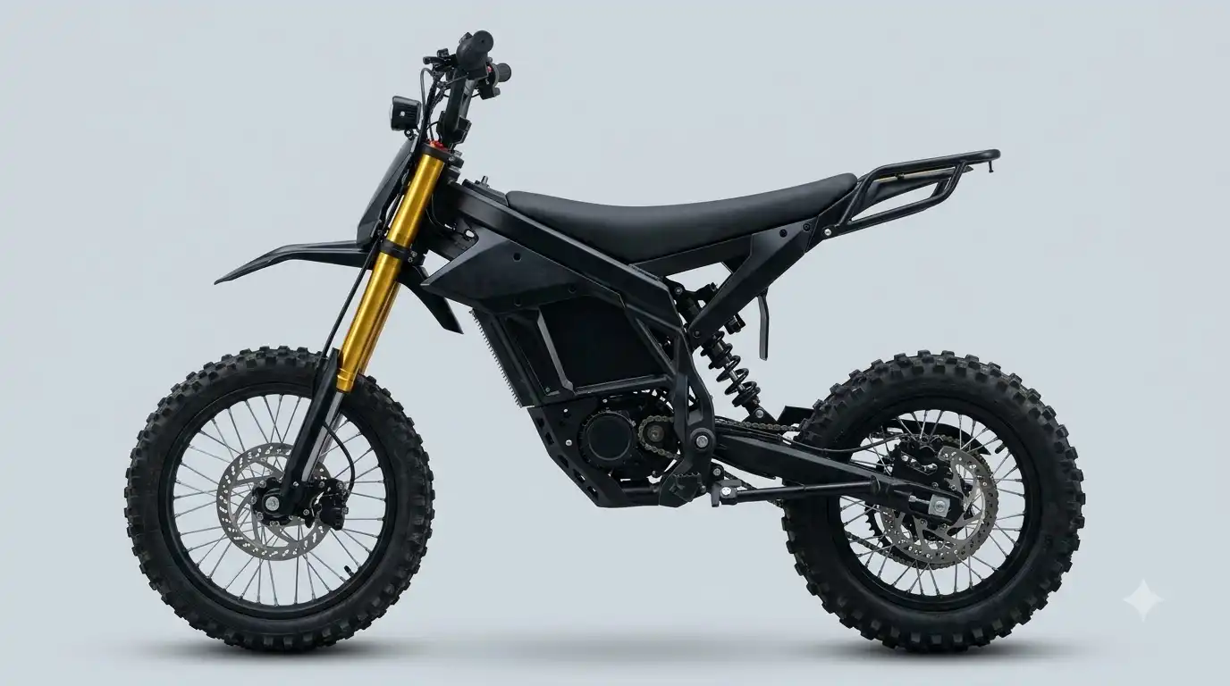 Side view of a black Freego Nova 5 Mini electric dirt bike with gold front forks, knobby tires and disc brakes