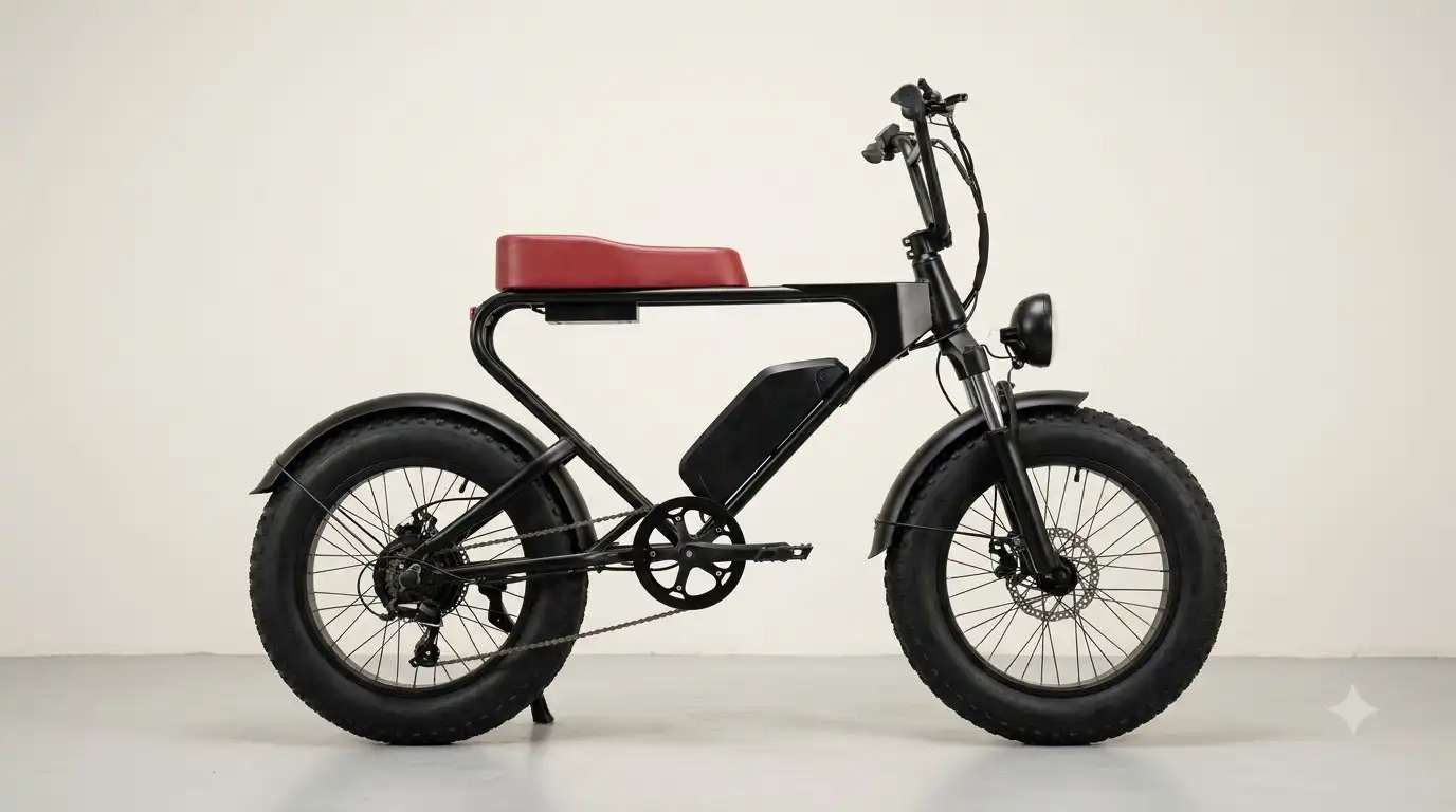 Side view of the Freego DK200 e-bike with black frame, red seat and 20 x 4 inch fat tires on a plain studio floor