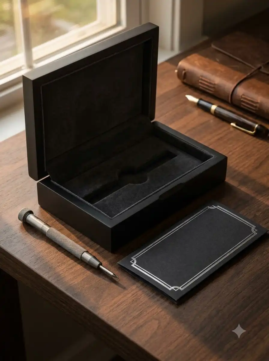 Aethelsohn watch box, bracelet screwdriver and warranty card laid out
