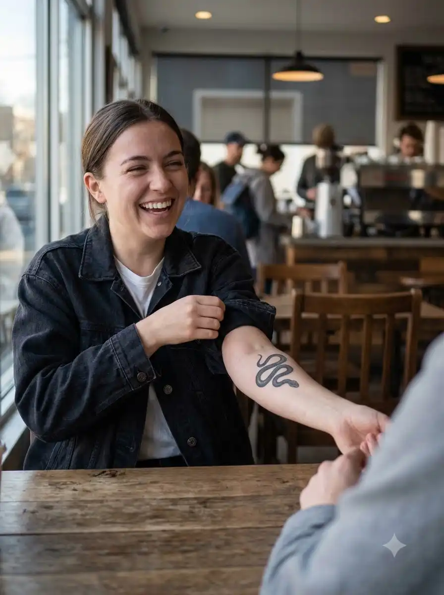 Woman in a black denim jacket showing a snake tattoo on her upper arm, a placement to test before a tattoo for 6 months or longer