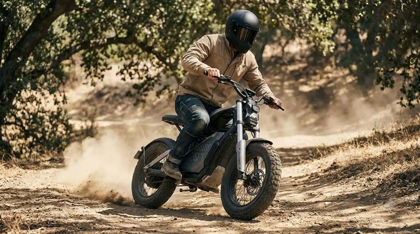 Rider in a tan jacket and black helmet kicking up dust on a Segway Xyber electric dirt bike on a dry trail