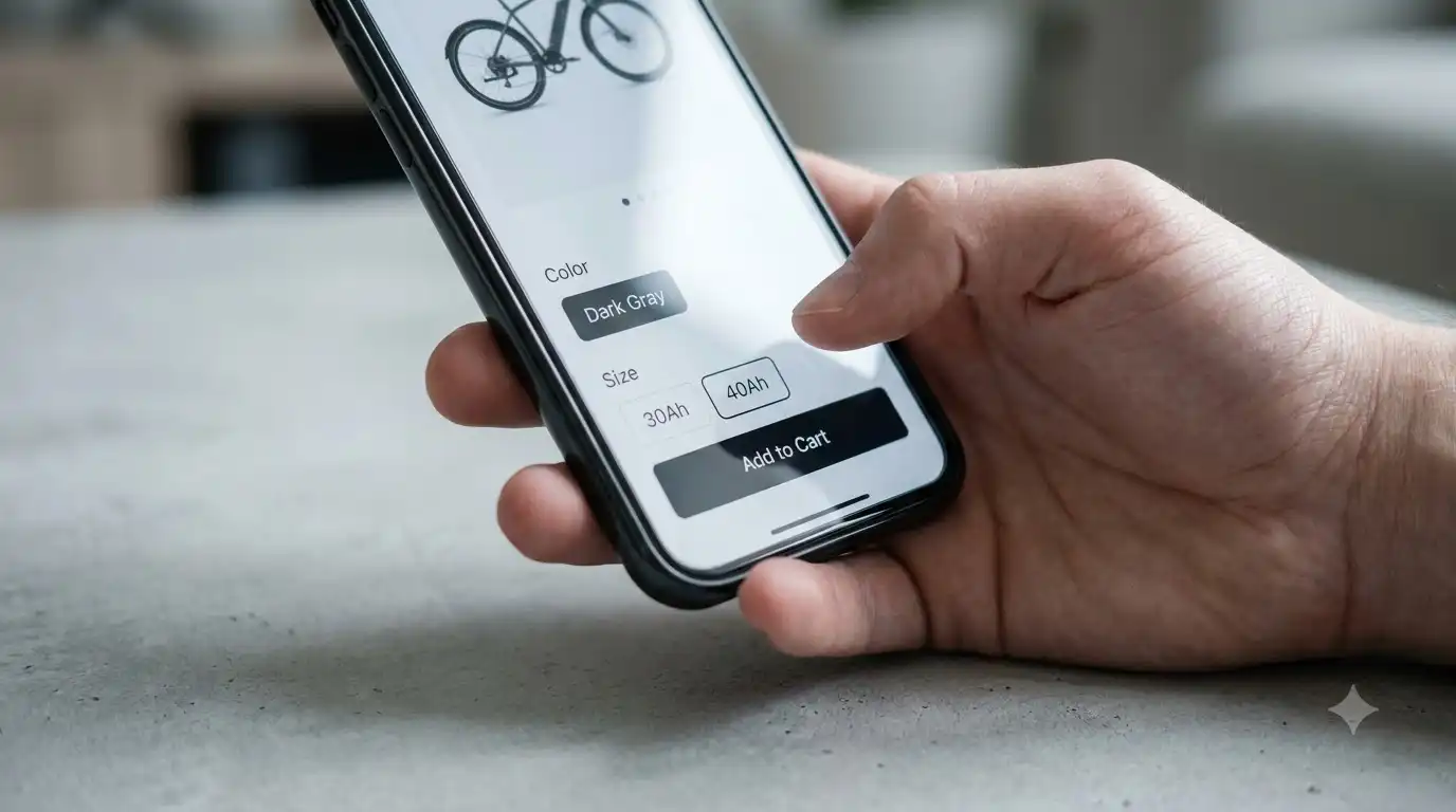 Hand holding a phone showing an e-bike product page with Dark Gray color, 30Ah and 40Ah options and Add to Cart