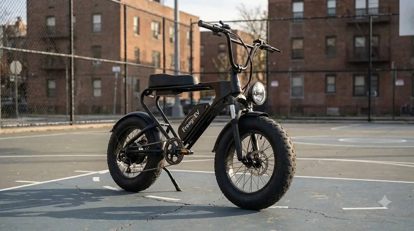 Are freego e bikes street legal - Black Freego M3 compact fat tire e-bike parked on an urban basketball court in front of brick apartment buildings