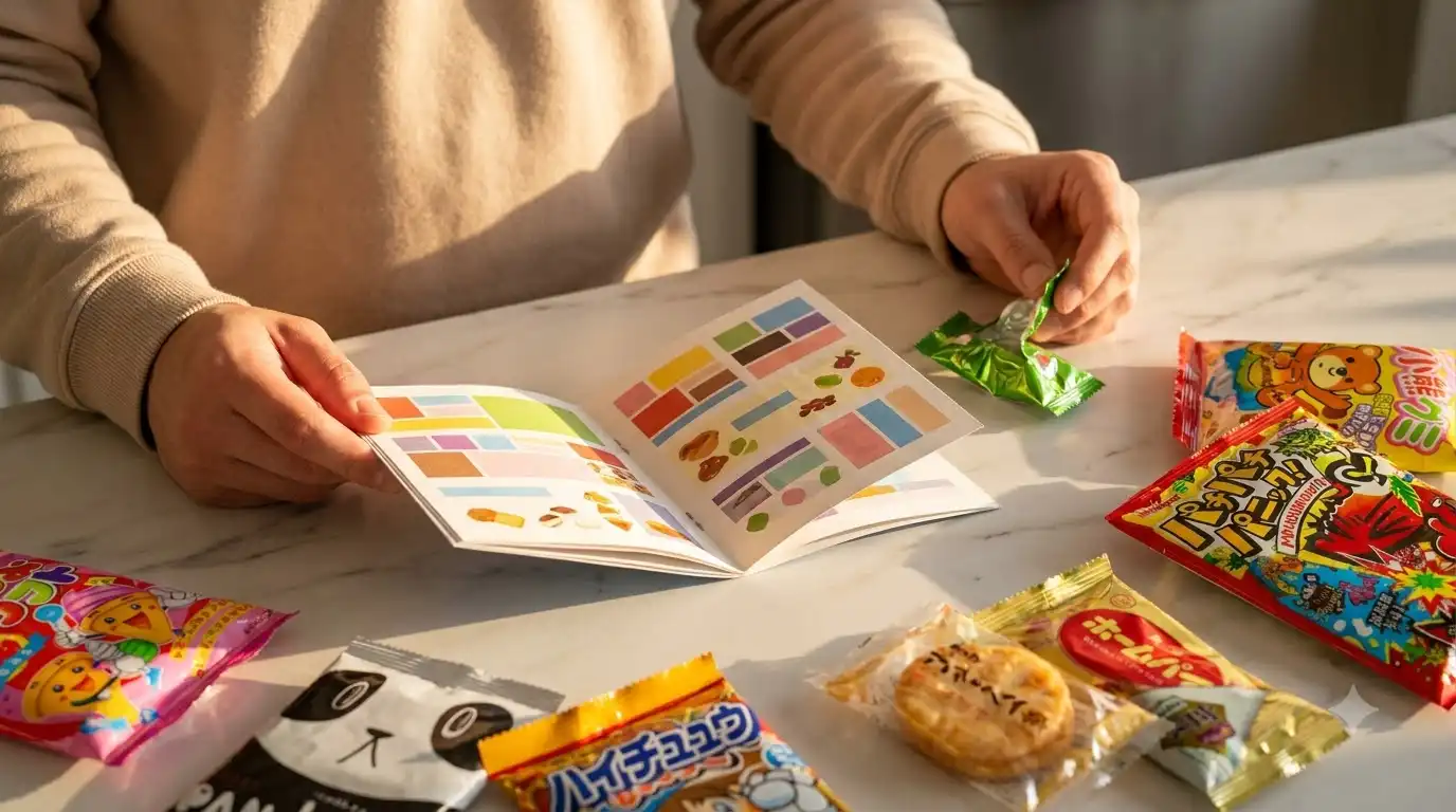 sakurabox.com review: English information booklet open beside assorted Japanese dagashi snacks and candies