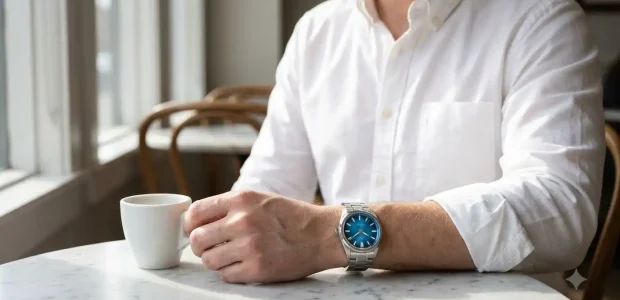 Aethelsohn Shard watch in Blue with brushed steel bracelet on wrist