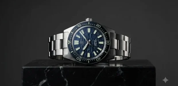 Aethelsohn Ocean Crest Tidal Deep Navy wave dial watch on steel bracelet